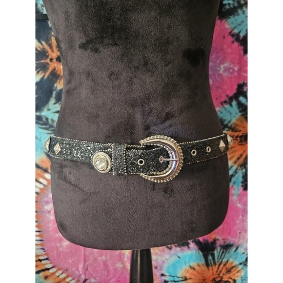 Vintage Black Studded Belt Sparkle With Silver Metal Accents Size Large 37" - Picture 1 of 8